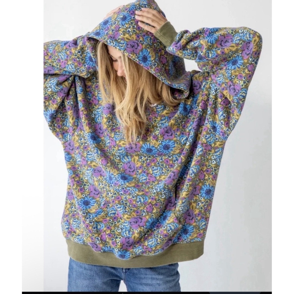 Natural Life Floral Hoodie Oversized L XL Pullover Blue Purple Green Sweatshirt